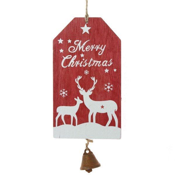 Χριστουγεννιάτικο Κρεμαστό Ξύλινο Ταμπελάκι, Κόκκινο με Ταρανδάκια (29cm)